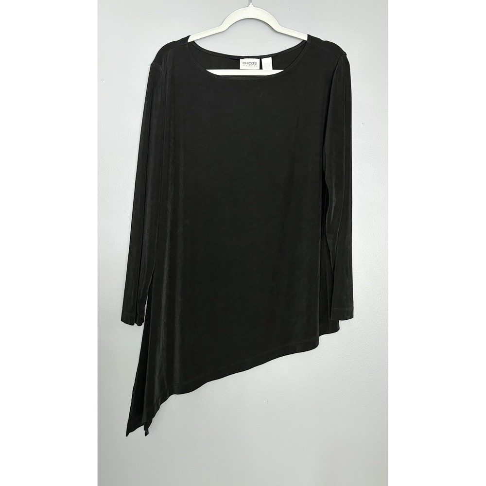 Chicos 3 Travelers Blouse Womens XL Black Asymmetrical Hem Long Sleeve Tunic Top